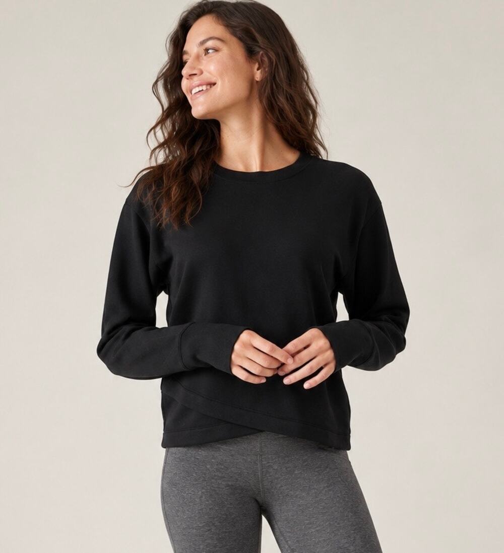 Athleta Black Solitude Sweatshirt Super Soft Crossover Tulip Hem Crew Size Large
